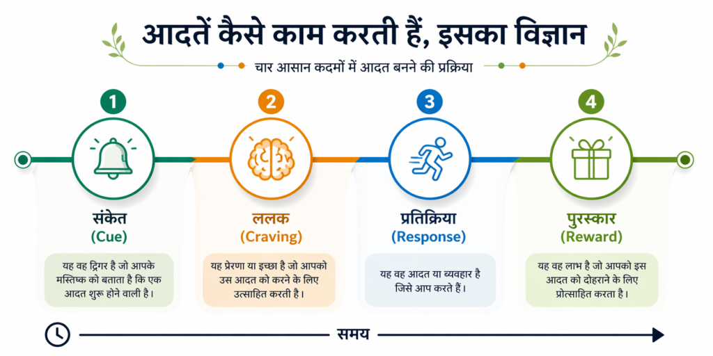 Atomic Habits Book Summary in Hindi – habit loop (cue, craving, response, reward) ka graphical infographic jo aadaton ke science ko samjhata hai