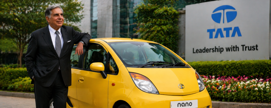 Ratan Tata with Tata Nano car AI generated image Tata Nano launch concept photo