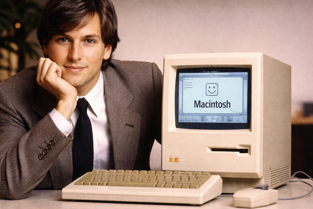 Steve Jobs with Macintosh computer AI generated image Steve Jobs Biography in Hindi Apple founder innovation
