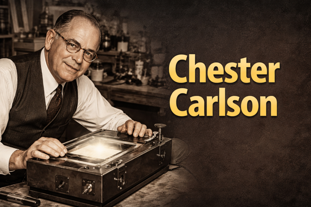 Chester Carlson working on early Xerox machine invention – xerox case study in hindi, xerography inventor photo wide image