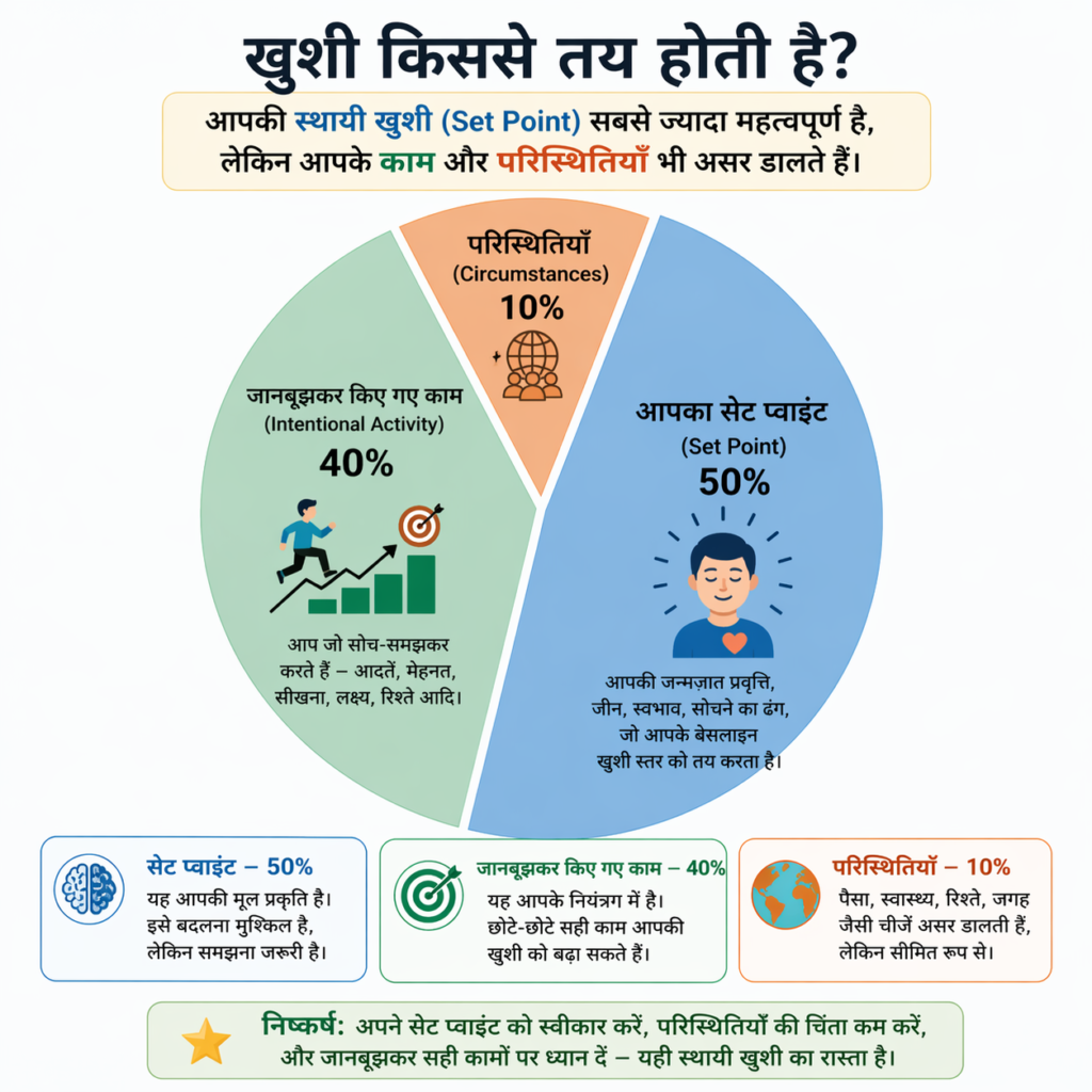 the how of happiness book summary in hindi – khushi ko prabhavit karne wale teen factors set point 50%, intentional activities 40% aur circumstances 10% ka graphical chart